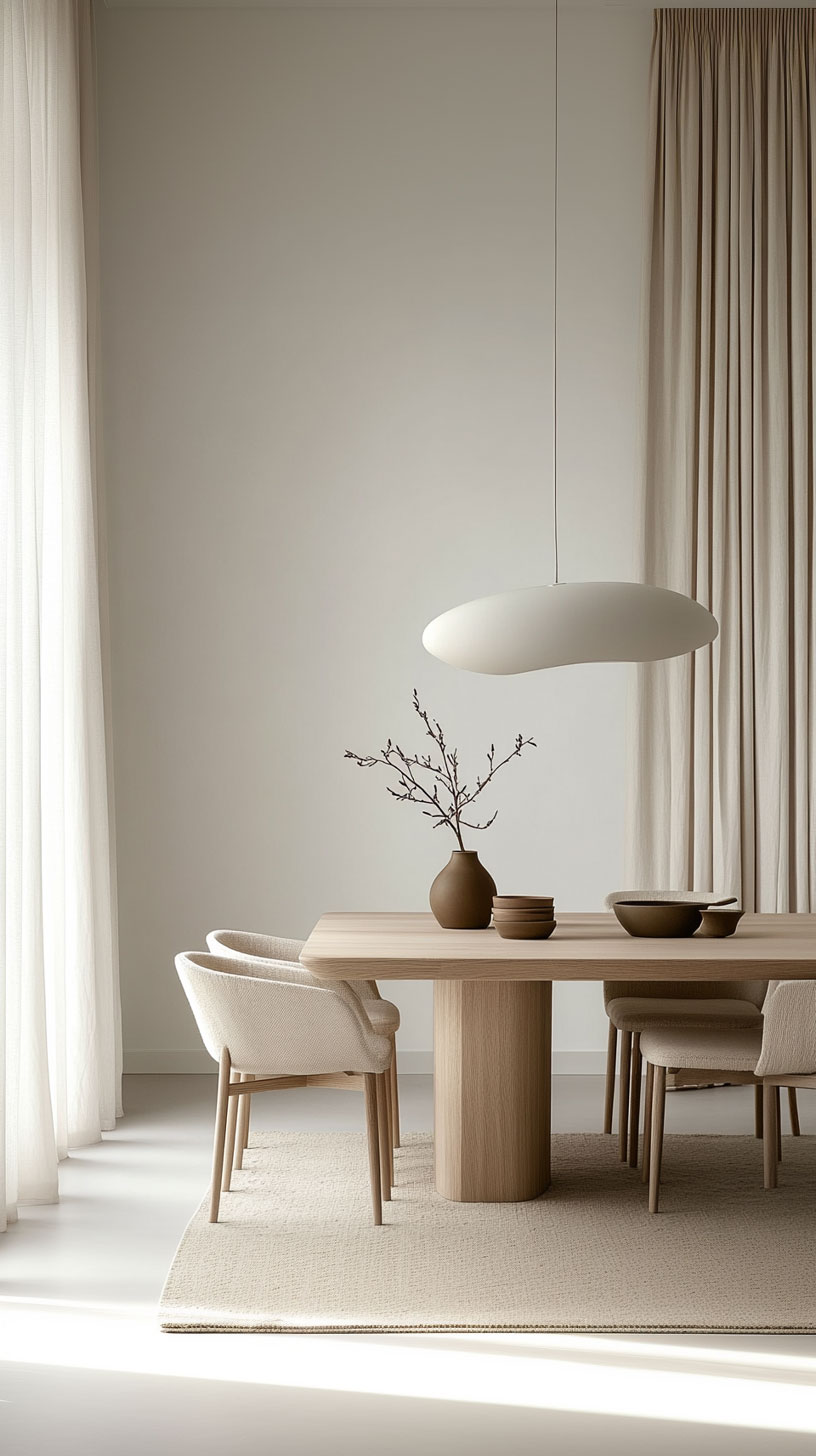 Dining cu masă din lemn natural și decor minimalist